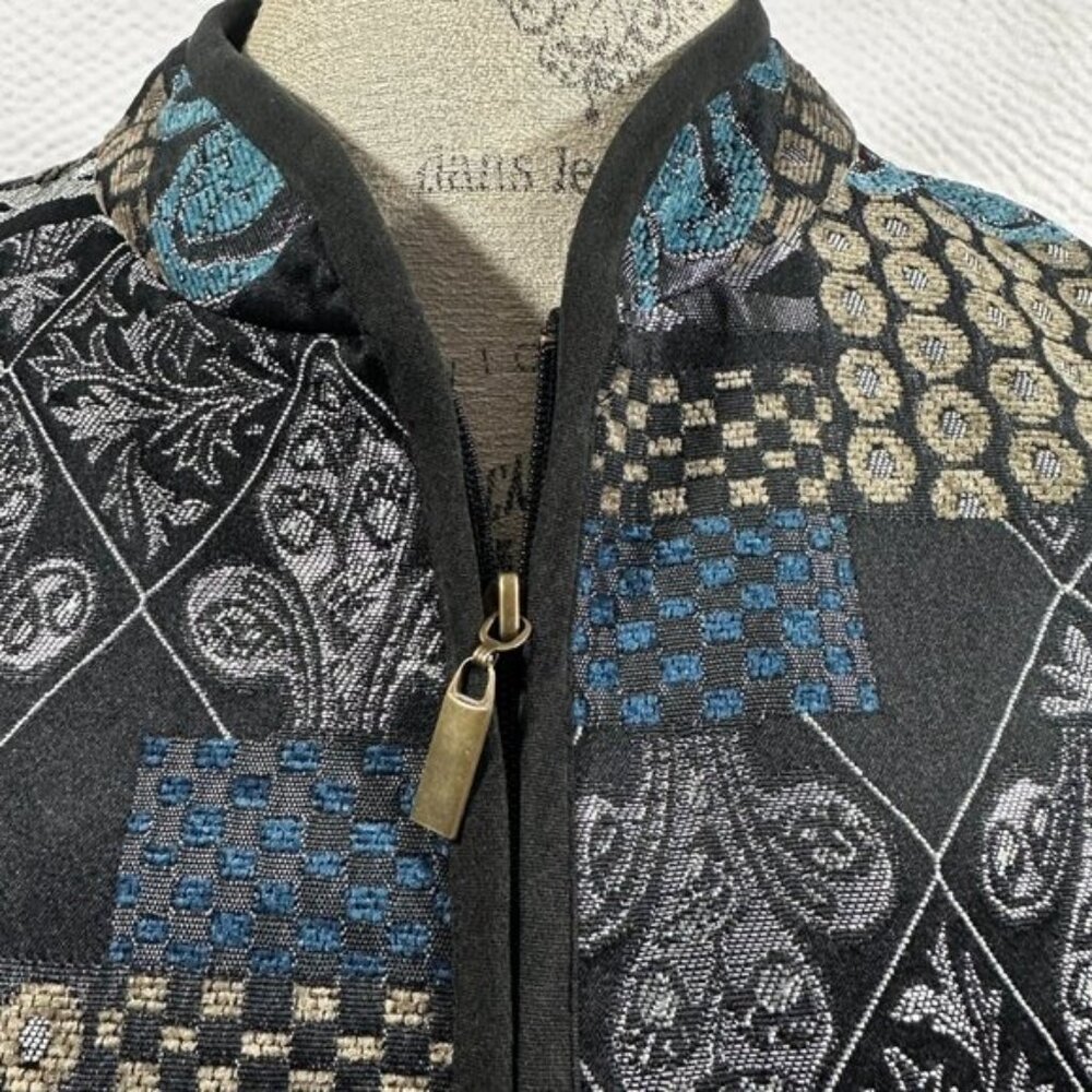 Vintage Tapestry Blue Black  Mandarin collar Full Zip jacket Abstract 2X - Picture 2 of 9